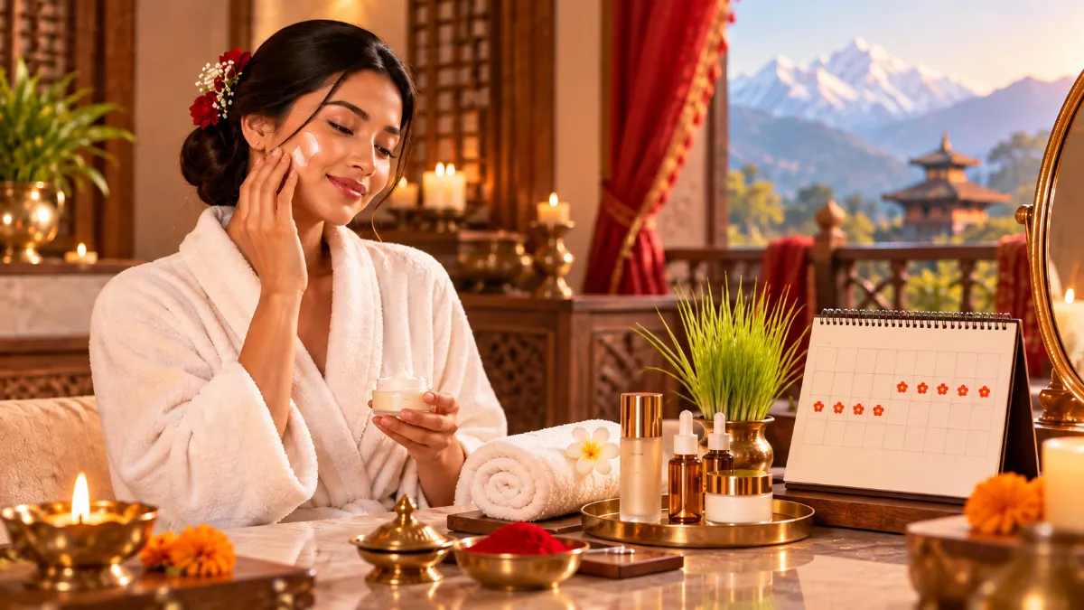 Nepali woman preparing for Dashain with skincare at a luxury spa, surrounded by candles, jamara, and a 14-day beauty countdown calendar.