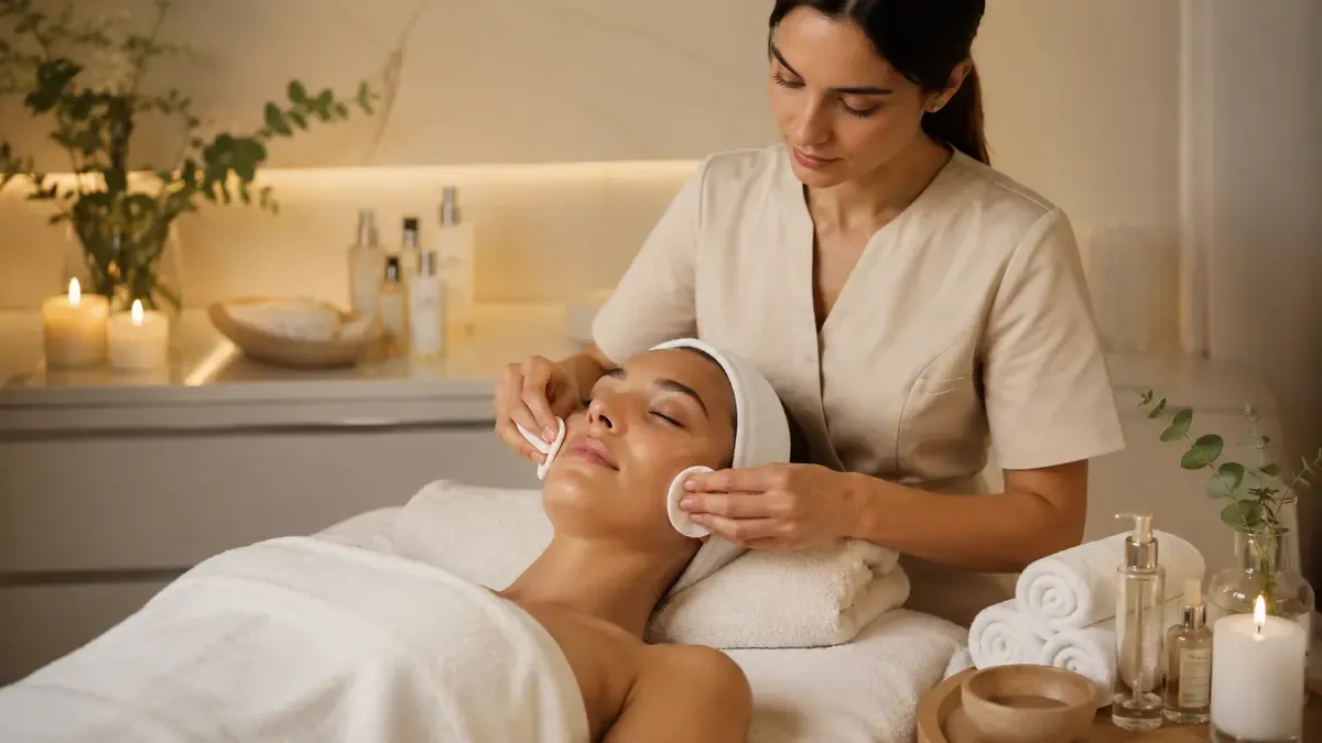 Woman receiving a relaxing facial treatment with skincare products at a beauty spa
