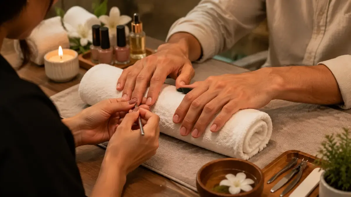 Professional manicure treatment with a technician caring for clean and well-groomed hands