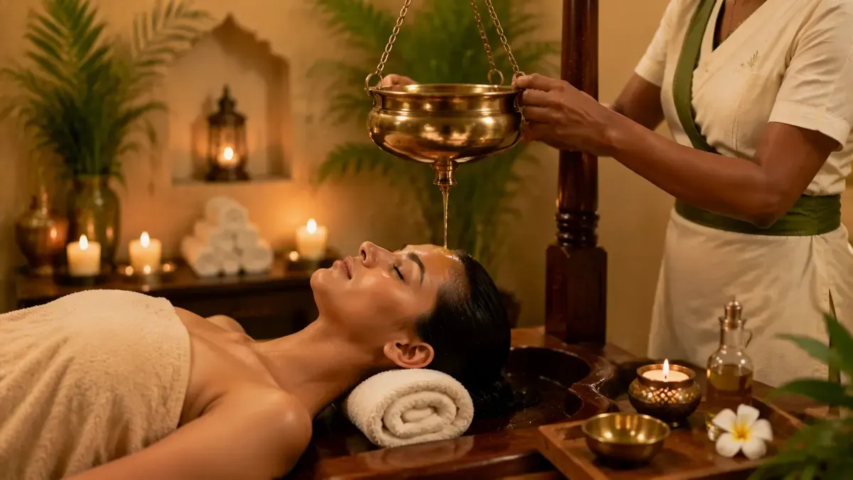 Shirodhara Ayurvedic therapy with warm oil flowing from a brass vessel during a relaxing spa treatment