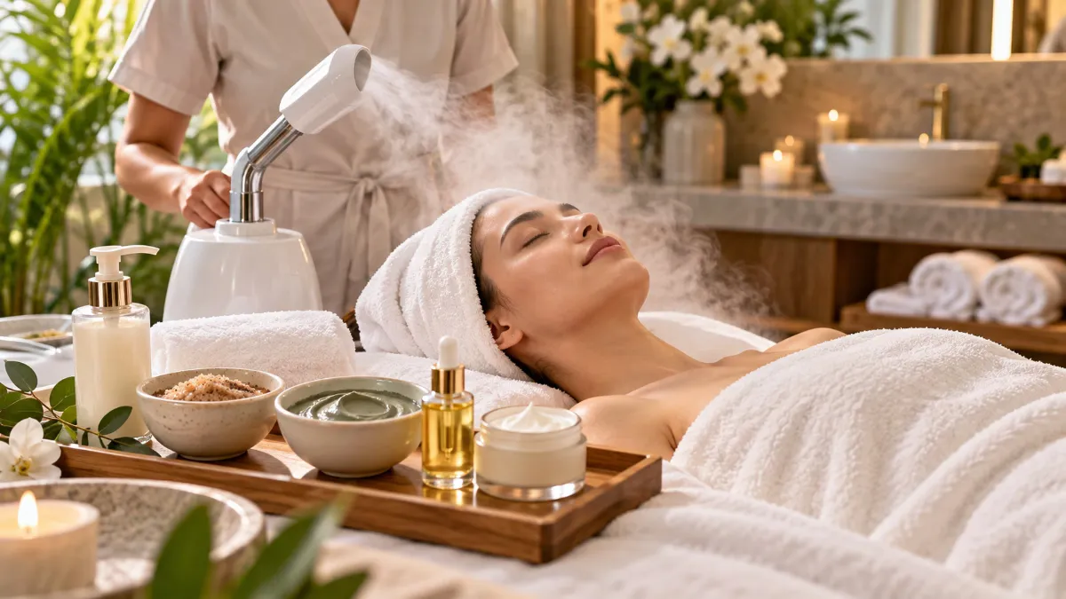 Woman steaming face over a bowl of hot water as part of the correct steam before or after facial routine sequence