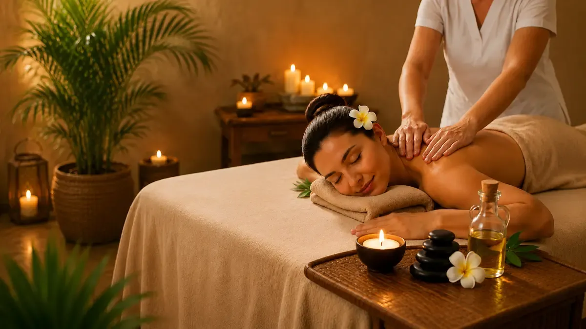 Swedish massage therapy session in a spa with relaxing back treatment and calming wellness atmosphere