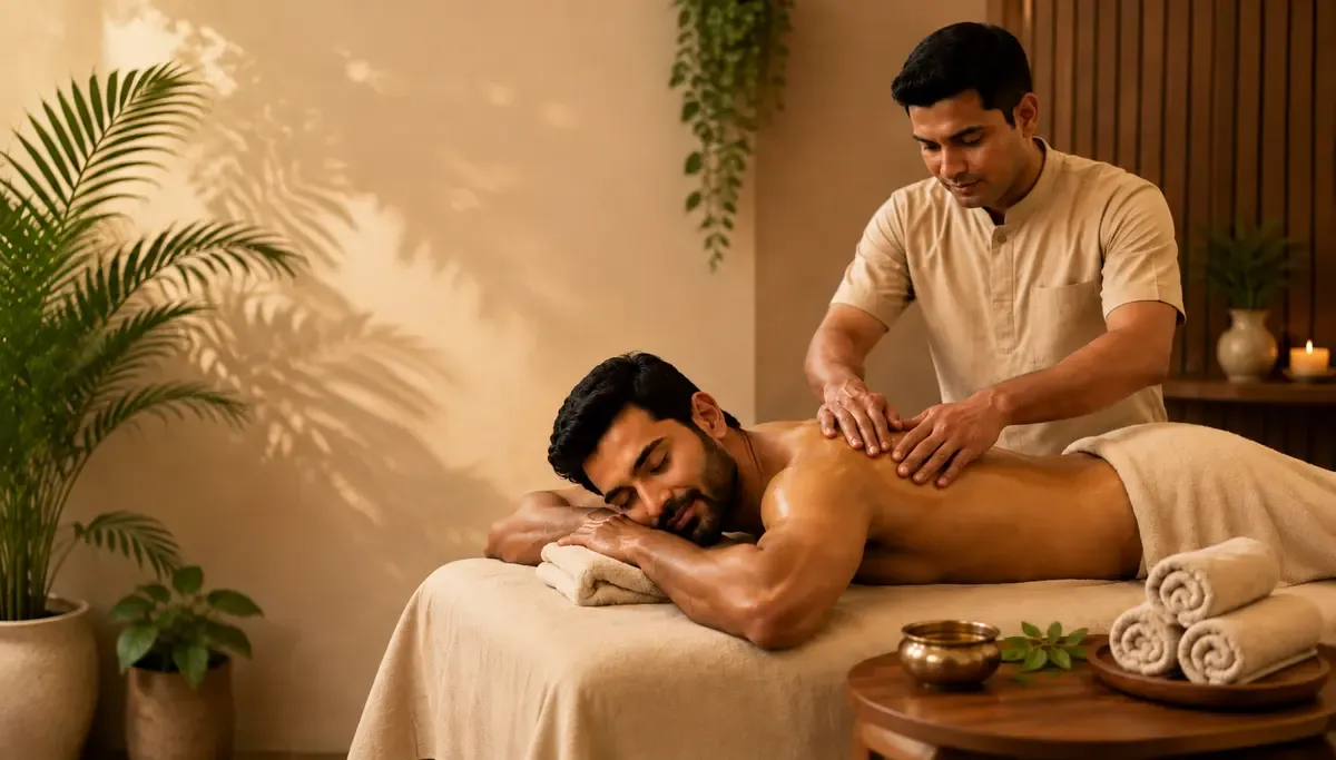 Ayurvedic massage therapy session with a male client receiving a relaxing oil massage in a spa