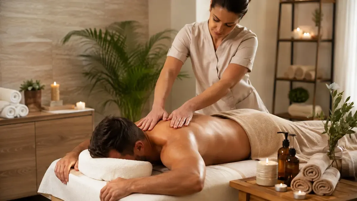 Deep tissue massage treatment with a therapist applying pressure to relieve muscle tension in a spa setting