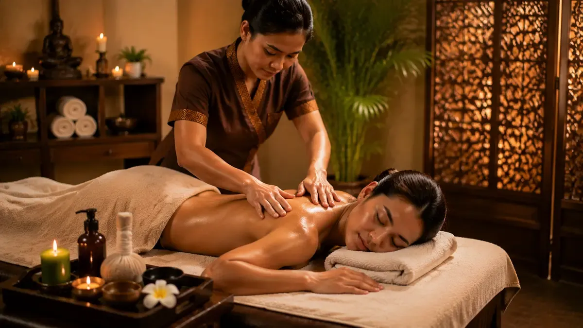 Professional massage therapy session with a therapist providing a relaxing full body treatment at a spa