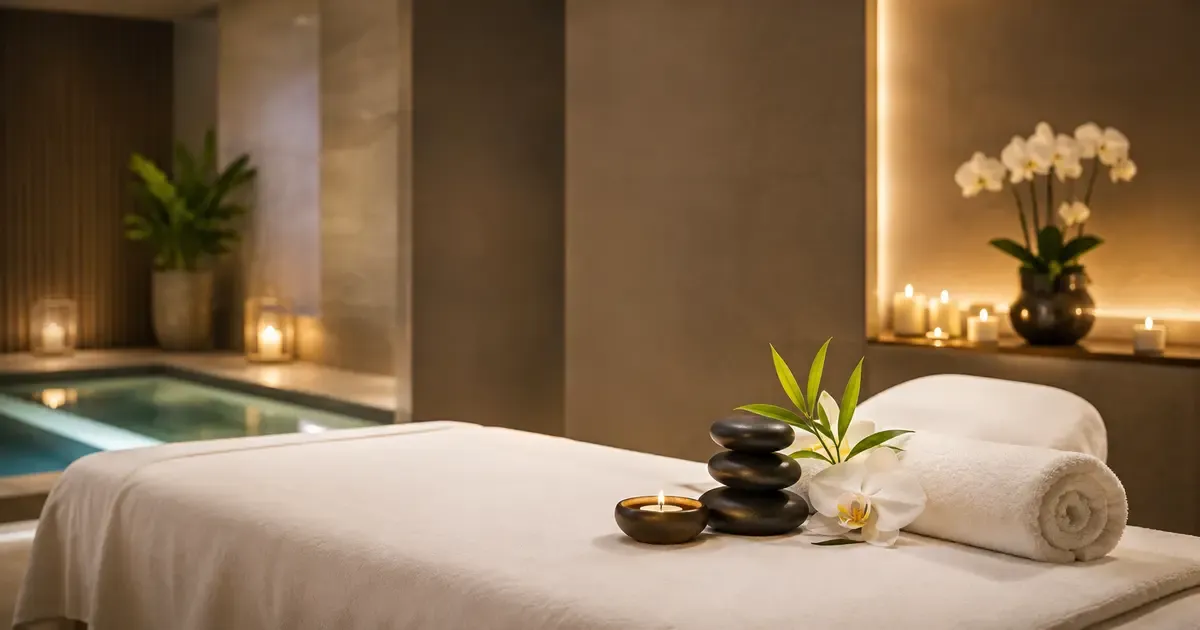 Luxury spa wellness setting with massage table, towels, candles, and relaxing spa decor