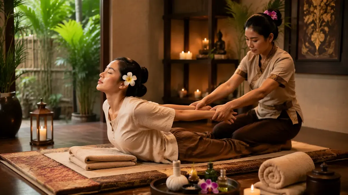 Thai massage therapy session with a therapist helping a client with traditional stretching techniques