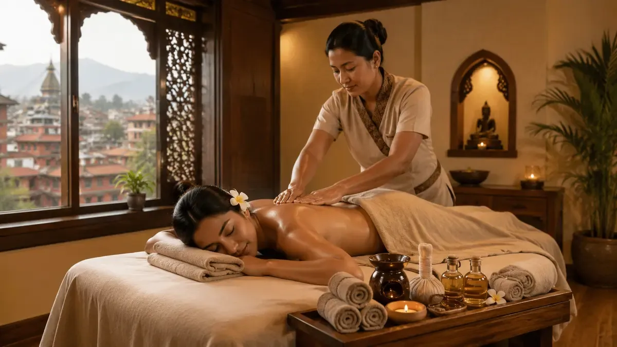 Woman enjoying a relaxing massage at a peaceful spa in Thamel Kathmandu